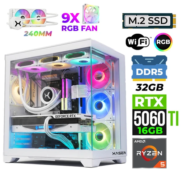 Xaser Nova X160 Ryzen 5 7600 32GB DDR5 Ram 1TB M.2 NVMe SSD 16GB RTX5060 Ti Sıvı Soğutmalı Oyuncu Tavsiye Sistem ürün görseli 1
