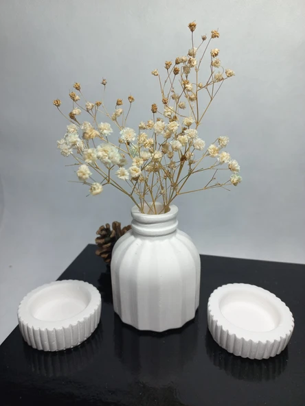 İnce Çizgili Vazo -  Modern & Minimal Dekoratif Obje, Salon ve Ofis Çiçeklik, Beyaz obje ürün görseli 1