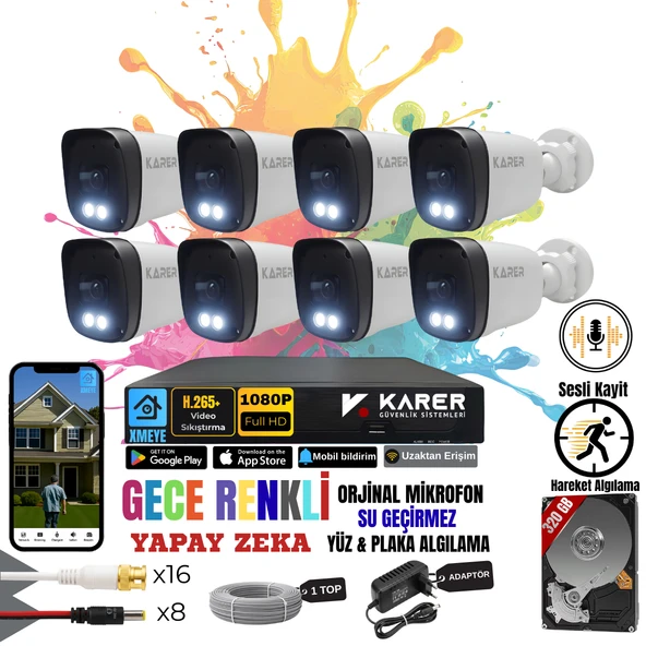 EXİTCAM 8 Kameralı SESLİ-YÜZ ve ARAÇ Tanımalı-GECE RENKLİ-SU GEÇİRMEZ GÜVENLİK SETİ ürün görseli 1