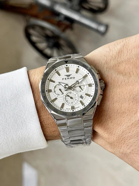 Ferro FM11650AWT-A Quartz Çelik Gri Beyaz Kadran 44 mm Erkek Kol Saati ürün görseli 1