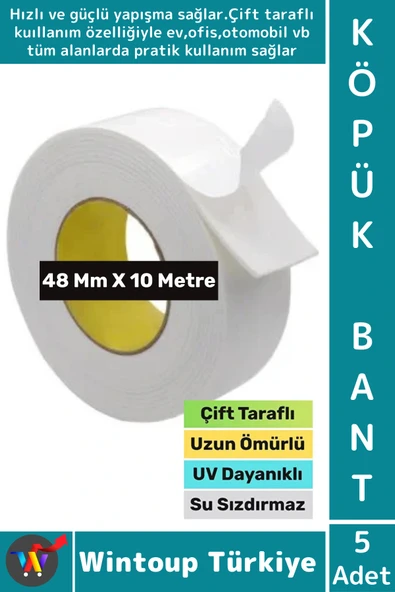 Premium Süper Güçlü Yapışkan İç Mekan Duvar Ahşap Çift Taraflı Köpük Bant 48 Mm x 10 Metre 5 Adet ürün görseli 1