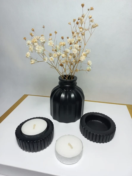 İnce Çizgili Vazo - Modern & Minimal Dekoratif Obje, Salon ve Ofis Çiçeklik, Siyah Obje ürün görseli 1