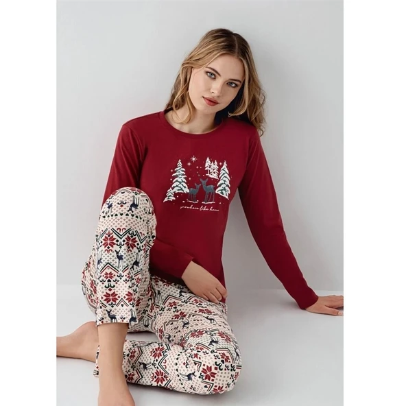 Arnetta %100 Pamuk Sıfır Yaka Ekose Bayan Pijama Takım ürün görseli 1