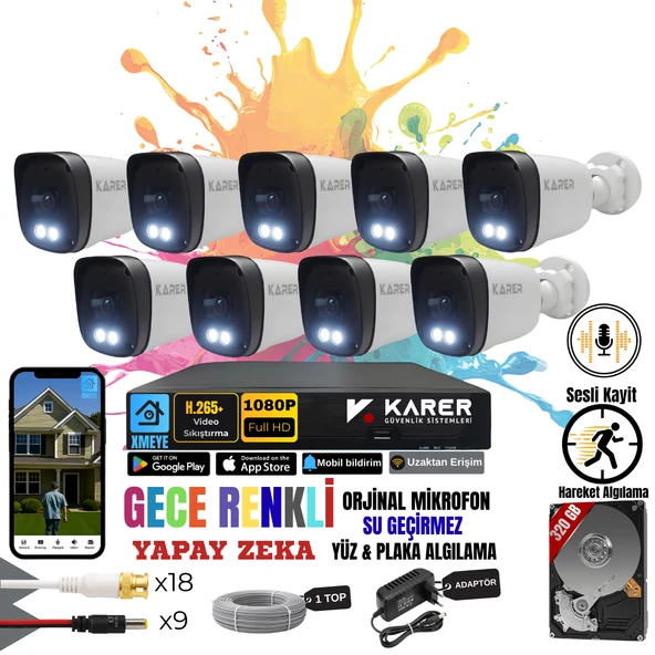 EXİTCAM 9 Kameralı SESLİ-YÜZ ve ARAÇ Tanımalı-GECE RENKLİ-SU GEÇİRMEZ GÜVENLİK SETİ ürün görseli 1
