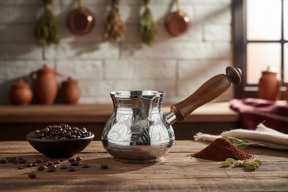 El Yapımı Dekoratif İşlemeli Ahşap Saplı Kalın Pirinç Cezve ürün görseli 1