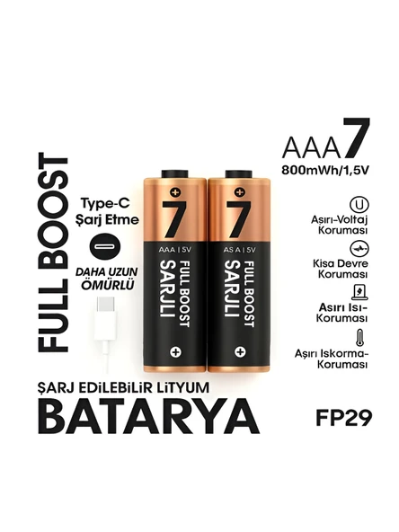 Type-C Şarjlı 800mWh 1.5V Şarj Edilebilir 2'li AAA İnce Pil - lityum iyon Batarya ürün görseli 1