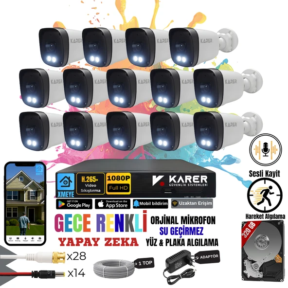 EXİTCAM 14 Kameralı SESLİ-YÜZ ve ARAÇ Tanımalı-GECE RENKLİ-SU GEÇİRMEZ GÜVENLİK SETİ ürün görseli 1