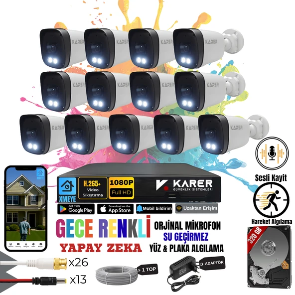 EXİTCAM 13 Kameralı SESLİ-YÜZ ve ARAÇ Tanımalı-GECE RENKLİ-SU GEÇİRMEZ GÜVENLİK SETİ ürün görseli 1