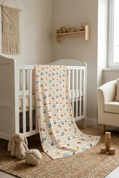 Araba Desenli Soft Touch Termal Bebek Battaniyesi CBT0002 RENKLİ 100 X 150 ürün görseli 1