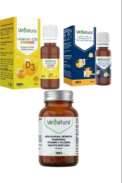 VeNatura Beta Glukan, Ekinezya, Kuşburnu, Vitamin C, Çinko 30 Kapsül+Venatura Vitamin D3 1000 IU Sprey 20+Venatura Vitamin D3 1000 IU Sprey 20 ml ürün görseli 1