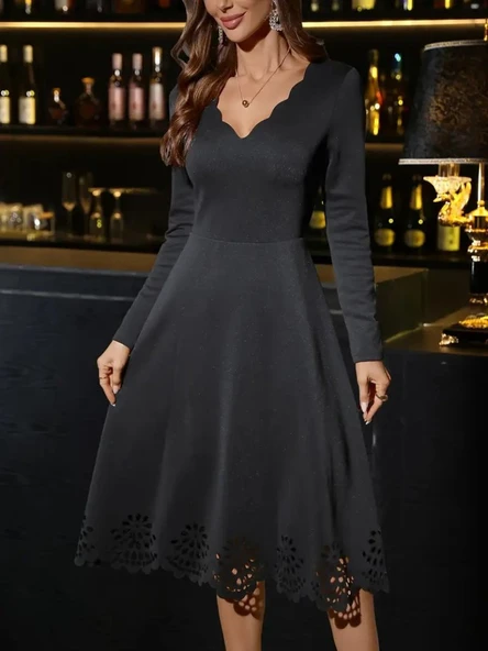 Kadın Uzun Kollu V Yakalı Lazer Kesim Detaylı Midi Ithal Krep Elbise ürün görseli 1