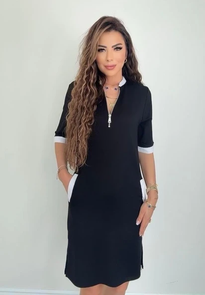 Kadın Kısa Kollu Yakadan Fermuarlı Cepli Yandan Yırtmaçlı Viskon Elbise ürün görseli 1