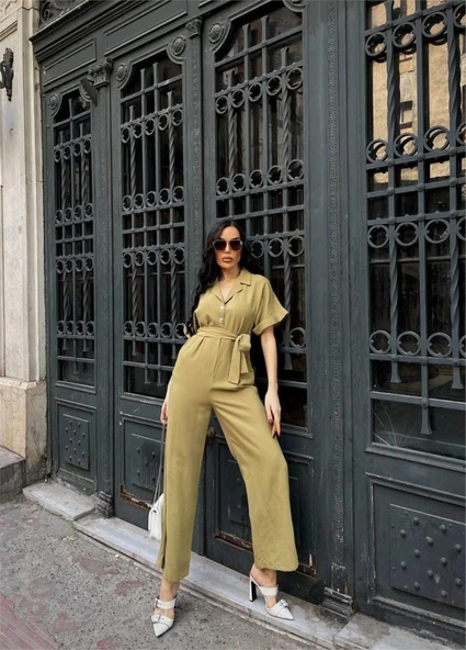 KETEN TULUM BEL BAĞLAMA DETAYLI - Yeşil ürün görseli 1