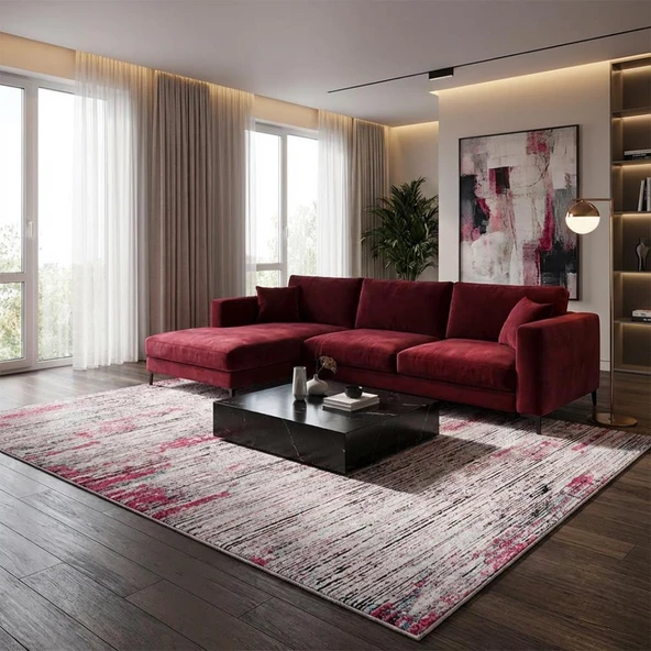 Gri Pembe Salon Halısı Modern Dokulu Dijital Baskılı Kaymaz Tabanlı Halı Dijital Baskı Halı 7 mm ürün görseli 1