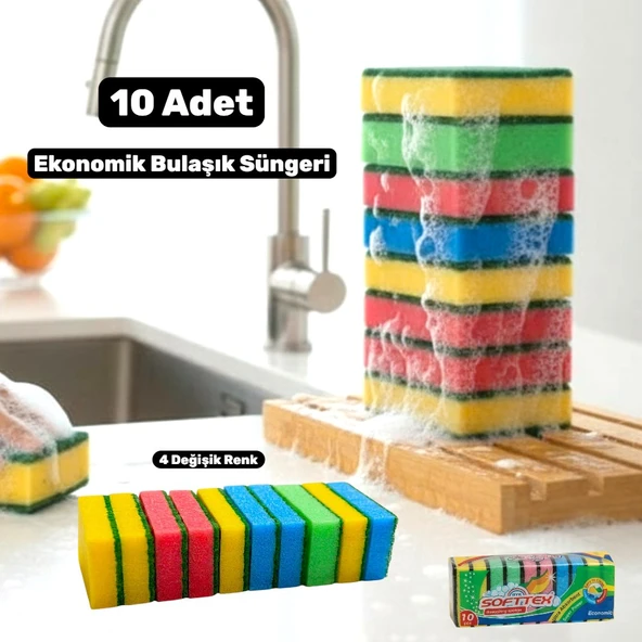 Technow Klasik 9 x 6 cm 4 Renkli Düz Bulaşık Süngeri 10 Adet ürün görseli 1
