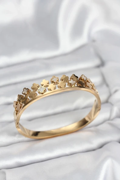 Mey İthalat® 316L Çelik Gold Renk Minimal Yoncalı Kadın Kelepçe Bileklik ürün görseli 1