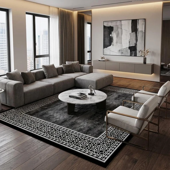 Siyah Beyaz Geometrik Desenli Salon Halısı Dijital Baskılı Kaymaz Tabanlı Halı Dijital Baskı Halı 7 ürün görseli 1