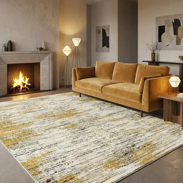 Krem Hardal Sarısı Salon Halısı Modern Dokulu Dijital Baskılı Kaymaz Tabanlı Halı Dijital Baskı Halı ürün görseli 1