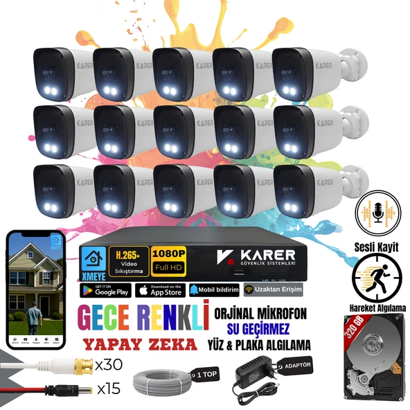 EXİTCAM 15 Kameralı SESLİ-YÜZ ve ARAÇ Tanımalı-GECE RENKLİ-SU GEÇİRMEZ GÜVENLİK SETİ ürün görseli 1