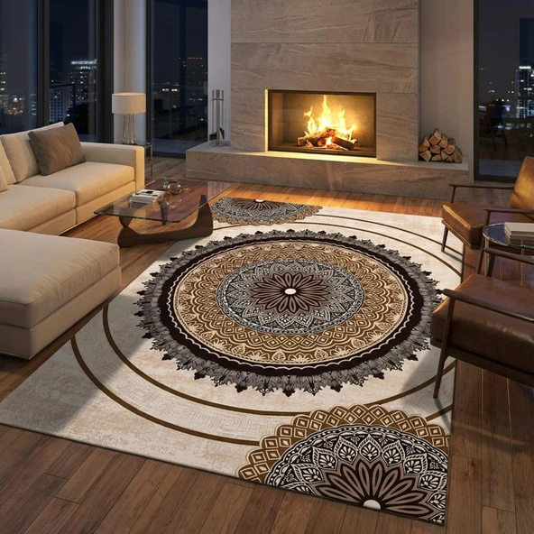 Kahverengi Bej tonlarda Mandala Desenli Dijital Baskılı Kaymaz Tabanlı Halı Dijital Baskı Halı 7 mm ürün görseli 1