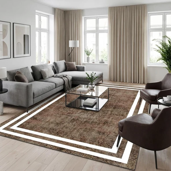 Kahverengi Beyaz Modern Salon Halısı Çerçeve Desenli Dijital Baskılı Kaymaz Tabanlı Halı Dijital ürün görseli 1