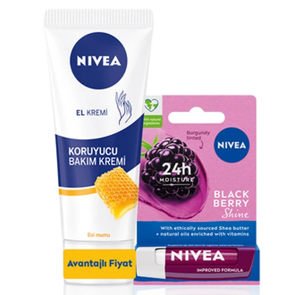 Nivea Böğürtlen Dudak Bakım Kremi 4.8gr ve Koruyucu Bal El Bakım Kremi İkili Set 4.8 gr + 75 ml ürün görseli 1