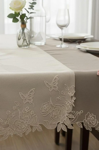 Butterfly Keten Aplikeli Runner 40x120 cm ürün görseli 1