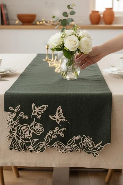 Butterfly Keten Aplikeli Runner 40x120 cm - Resim 4