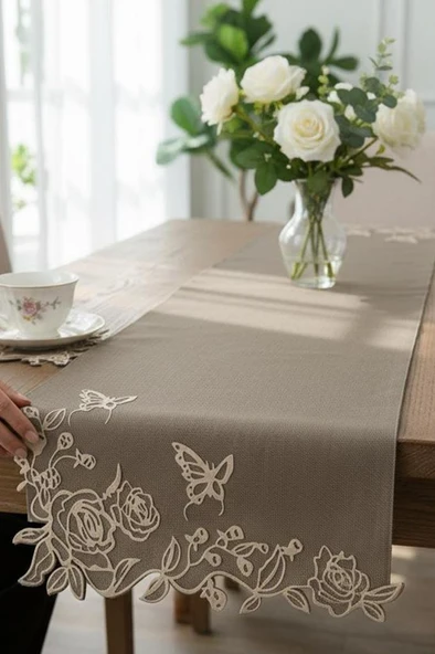 Butterfly Keten Aplikeli Runner 40x120 cm - Resim 3