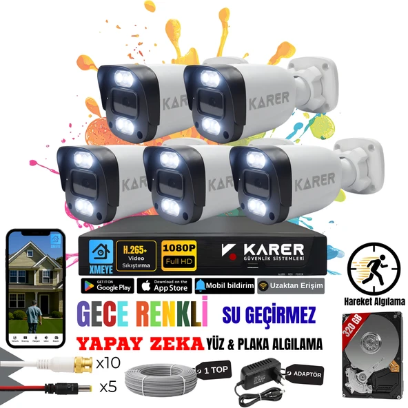 EXİTCAM 5 KAMERALI-RENKLİ GÖRÜŞ-SU GEÇİRMEZ-YÜZ ve ARAÇ TANIMALI-YAPAY ZEKA AYRICALIKLI GÜVENLİK SETİ ürün görseli 1