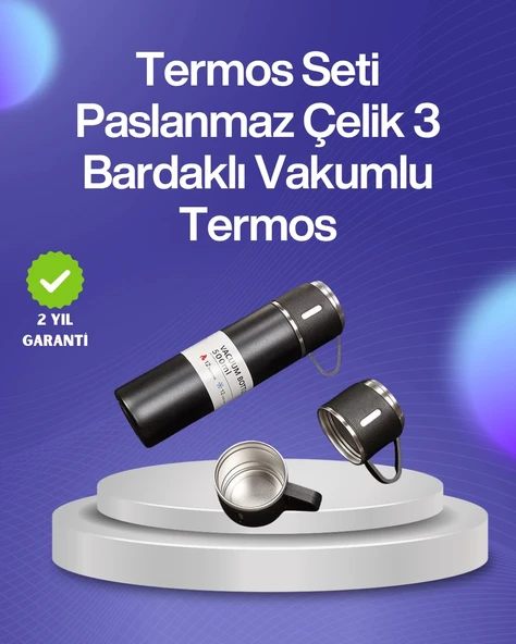 Mey İthalat® Isıyı Uzun Süre Koruyan 500 ml Termos Seti | Çelik Gövde, 2 Bardaklı, Hediye Kutulu ürün görseli 1