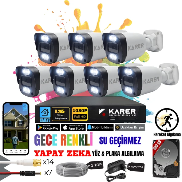 EXİTCAM 7 KAMERALI-RENKLİ GÖRÜŞ-SU GEÇİRMEZ-YÜZ ve ARAÇ TANIMALI-YAPAY ZEKA AYRICALIKLI GÜVENLİK SETİ ürün görseli 1