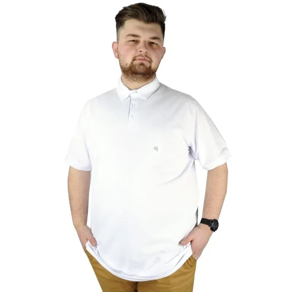 Battal Beden Erkek Tshirt Polo Yaka Nakışlı Klasik Pike 20553 Beyaz ürün görseli 1