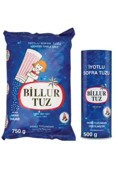 Billur Tuz İyotlu Sofra Tuzu Mavi Tuzluklu 500 g İyotlu Tuz 750 g 2 li Set ürün görseli 1