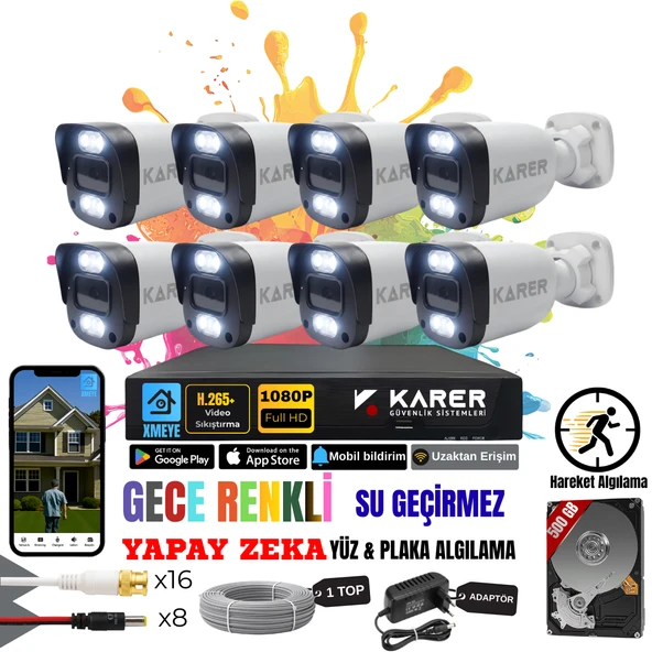 EXİTCAM 8 KAMERALI-RENKLİ GÖRÜŞ-SU GEÇİRMEZ-YÜZ ve ARAÇ TANIMALI-YAPAY ZEKA AYRICALIKLI GÜVENLİK SETİ ürün görseli 1