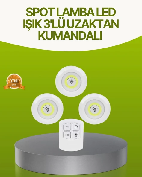 Mey İthalat® Uzaktan Kumandalı 3 Lü Kablosuz Led Spot Lamba Seti Yapışkanlı Pratik Kullanım ürün görseli 1