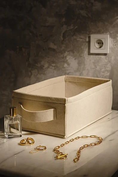 Krem Dolap İçi, Çamaşır, Oyuncak Düzenleyici, Saklama Kutusu, Keçe Sepet Organizer 38x25x13 cm ürün görseli 1