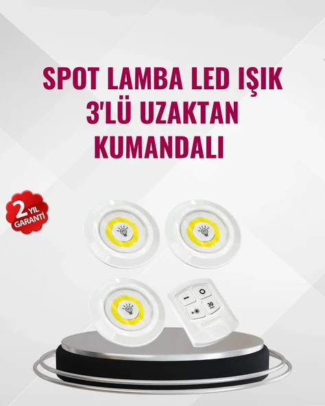 Mey İthalat® 3 Lü Pilli Kablosuz Led Spot Lamba Seti Kumandalı Kolay Montaj Aydınlatma ürün görseli 1
