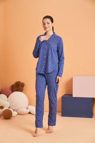 Pjs Kadın Anne-Kız Kalpli Önden Düğmeli Gömlek Yaka Uzun Kollu Pijama Takım ürün görseli 1