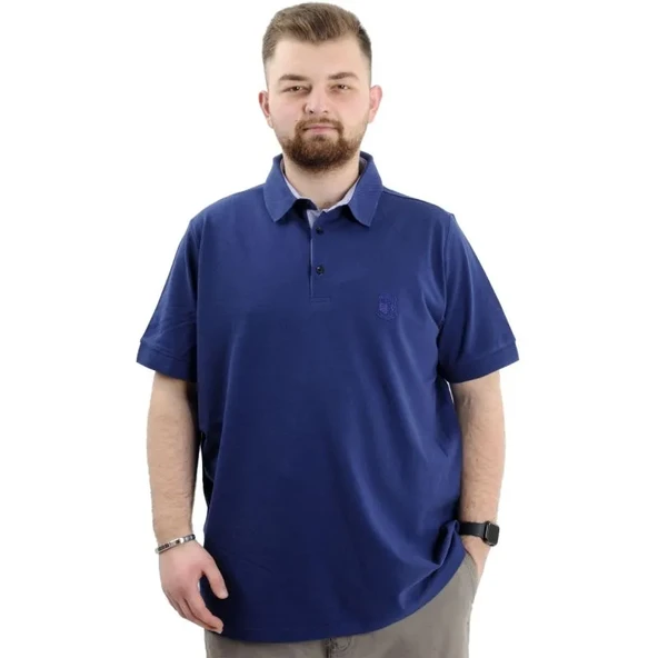 Battal Beden Erkek Tshirt Polo Yaka Nakışlı Klasik Pike 20553 İndigo ürün görseli 1