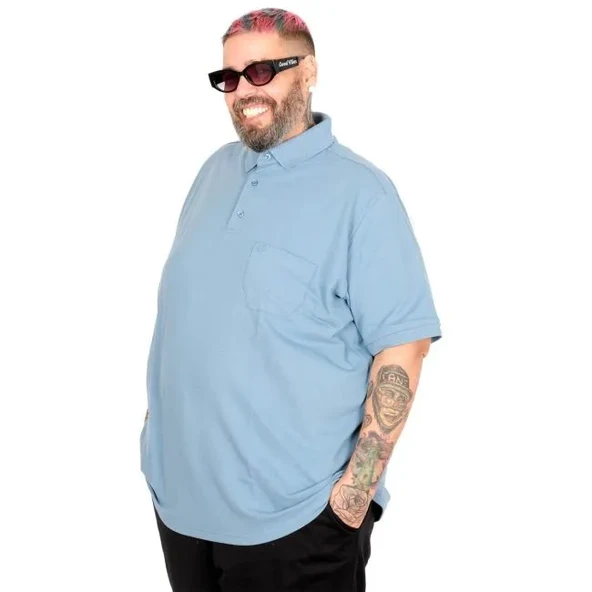 Battal Beden Erkek Tshirt Polo Yaka Cepli Klasik Pike 20552 Mavi ürün görseli 1