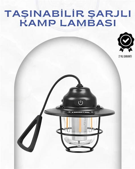 Mey İthalat® Geometrik Tasarımlı Vintage Kamp Lambası – Type-C Şarj, Ayarlanabilir Parlaklık ürün görseli 1