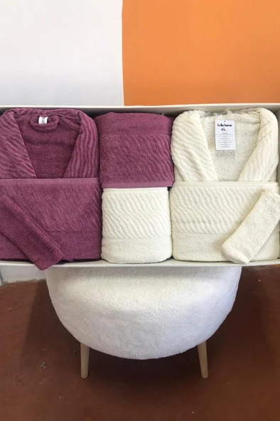 Zebra 8 Parça Aile Bornoz Takımı Mürdüm - Krem ürün görseli 1