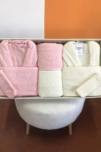 Zebra 8 Parça Aile Bornoz Takımı Pembe - Krem ürün görseli 1