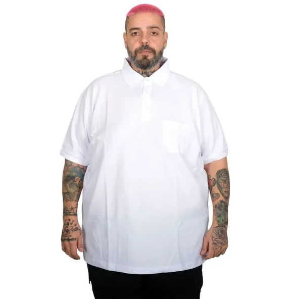 Battal Beden Erkek Tshirt Polo Yaka Cepli Klasik Pike 20552 Beyaz ürün görseli 1