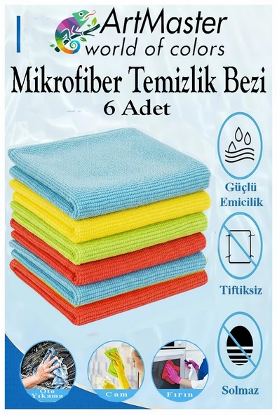Mikrofiber Temizlik Bezi 6 Adet Renkli Mikrofiber Bez 40x40cm Mutfak Bezi Kurulama Bezi Cam Bezi Leke Tutmaz İz Bırakmaz ürün görseli 1