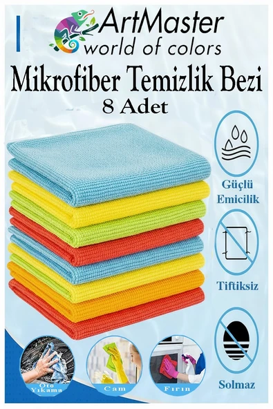 Mikrofiber Temizlik Bezi 8 Adet Renkli Mikrofiber Bez 40x40cm Mutfak Bezi Kurulama Bezi Cam Bezi Leke Tutmaz İz Bırakmaz ürün görseli 1