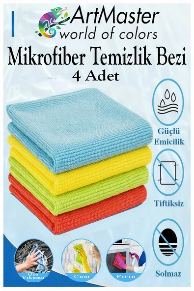 Mikrofiber Temizlik Bezi 4 Adet Renkli Mikrofiber Bez 40x40cm Mutfak Bezi Kurulama Bezi Cam Bezi Leke Tutmaz İz Bırakmaz ürün görseli 1