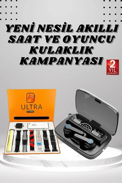 Mey İthalat® Dijital Göstergeli Powerbank Kulaklık ve 7 Kordonlu Yeni Nesil Akıllı Saat Amoled Ekran ürün görseli 1