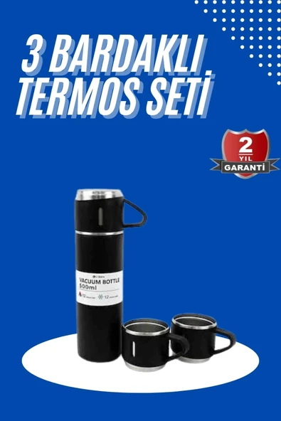 Mey İthalat® Termos Seti 3'lü Bardak Seti Isı Dayanıklı Siyah Paslanmaz Çelik Vakumlu ürün görseli 1
